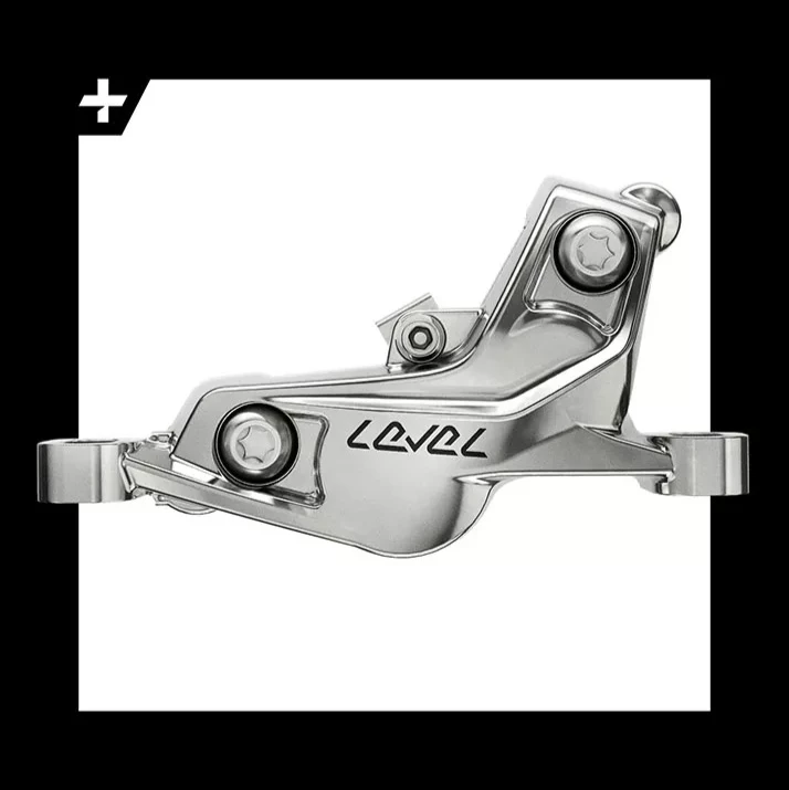シルバー色のSRAM Level油圧式ディスクブレーキキャリパー。.