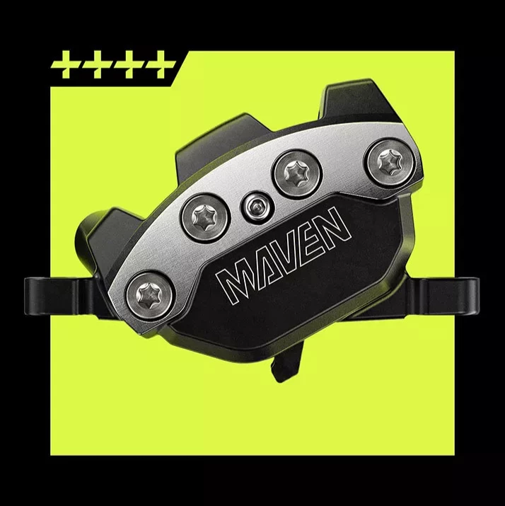 ブラックとシルバーのSRAM Maven自転車用ディスクブレーキキャリパー。.