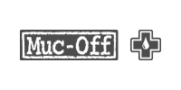 長方形のボックスにMuc-Offのロゴ、右側の黒い輪郭の正方形の中にプラス記号と水滴のアイコン。.