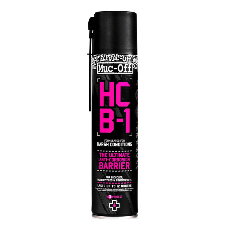 HCB-1<h6>エイチシービーワン</h6>の自転車用防錆スプレー缶で、黒とピンクのラベルが貼られており、過酷な条件下での使用を想定している。.