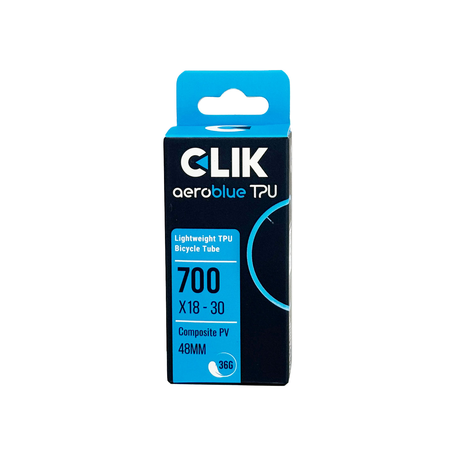 CLIK AEROBLUE TPU TUBEは、青と黒のボックス包装で、700 x 18-30、コンポジットPV、48MMバルブ、軽量TPU素材、重量わずか36gと表示されている。.