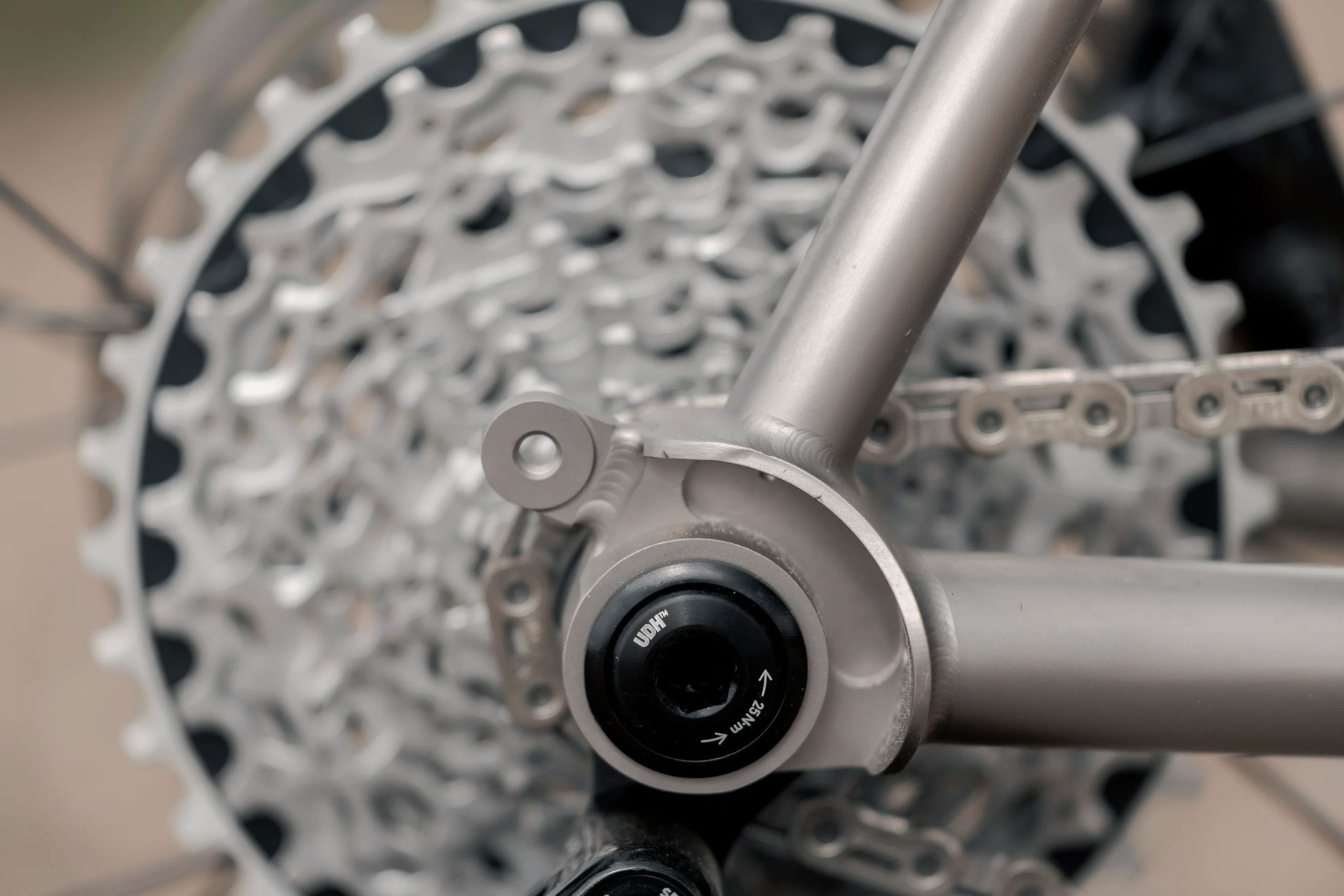 A33A1684 UDHディレイラーハンガーとリアカセットを備えた、COUNTY LINE ALL-ROAD BIKEのフレームドロップアウトのクローズアップ。.