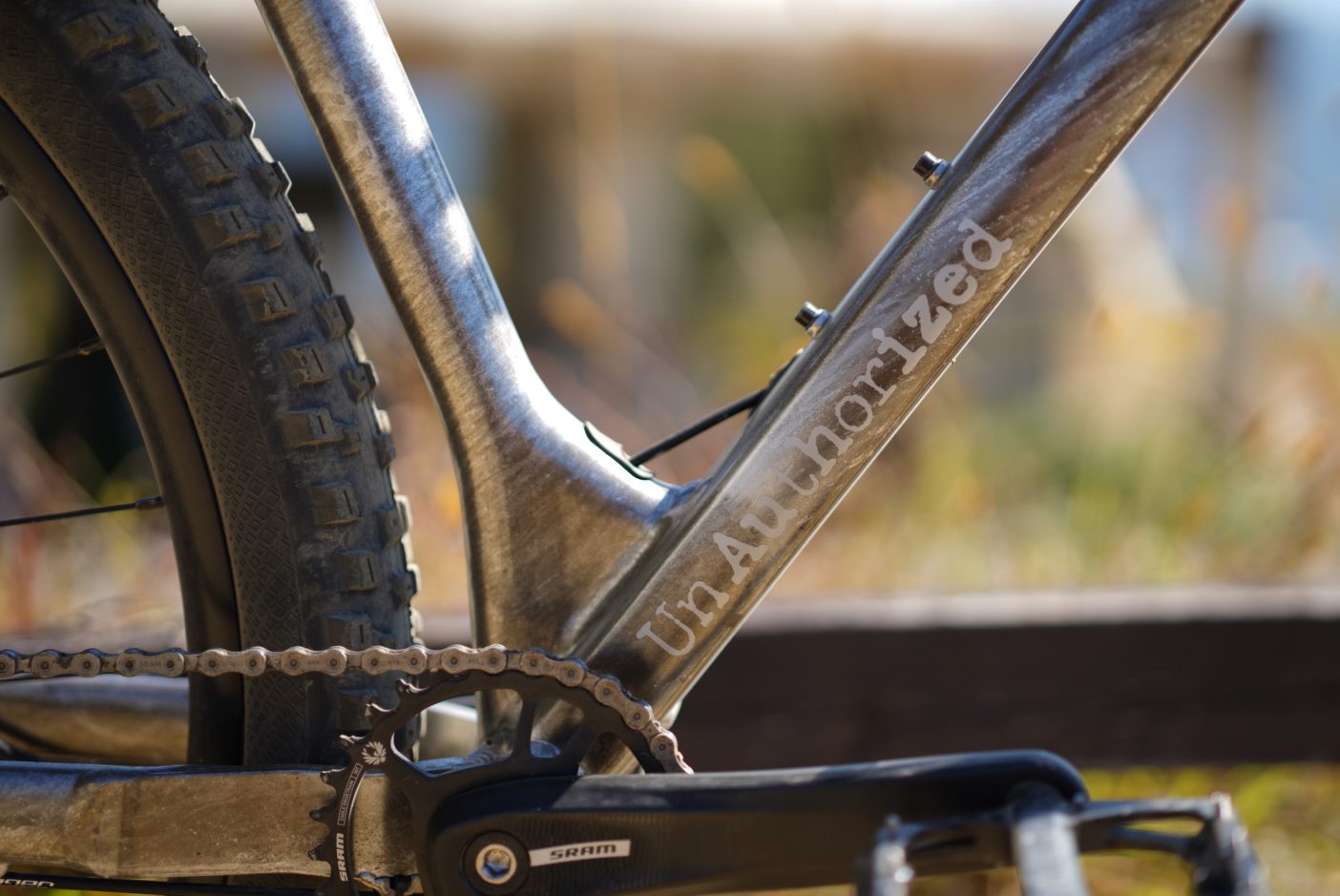 メタリック仕上げの自転車フレームのクローズアップ。ダウンチューブにはUnAuthorizedという文字がプリントされている。.