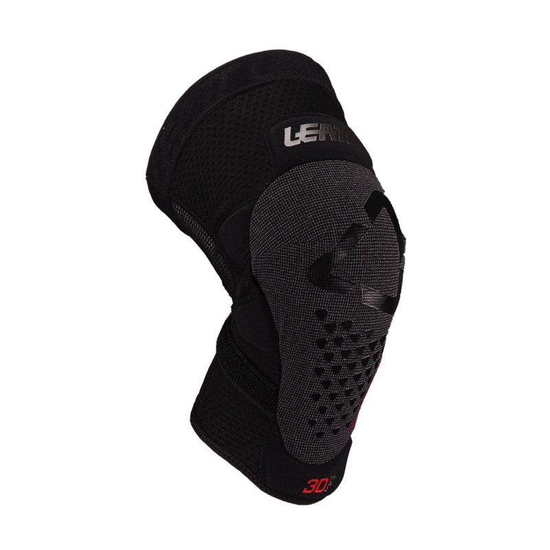 LEATT KNEE GUARD 3DF 5.0 EVO FASTFIT。黒とグレーのニーガード。
