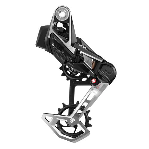 ブラックとシルバーのSRAM XX Eagleトランスミッション用リアディレイラー。ケージと2つのプーリーを備えています。.