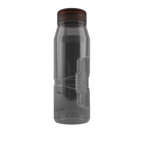 TWIST REPLACE BOTTLE LIFEは、成形サイドグリップ付きの透明プラスチック製ボディ、ダークブラウンのスクリューキャップが特徴で、中には円筒形の物体が入っている。.