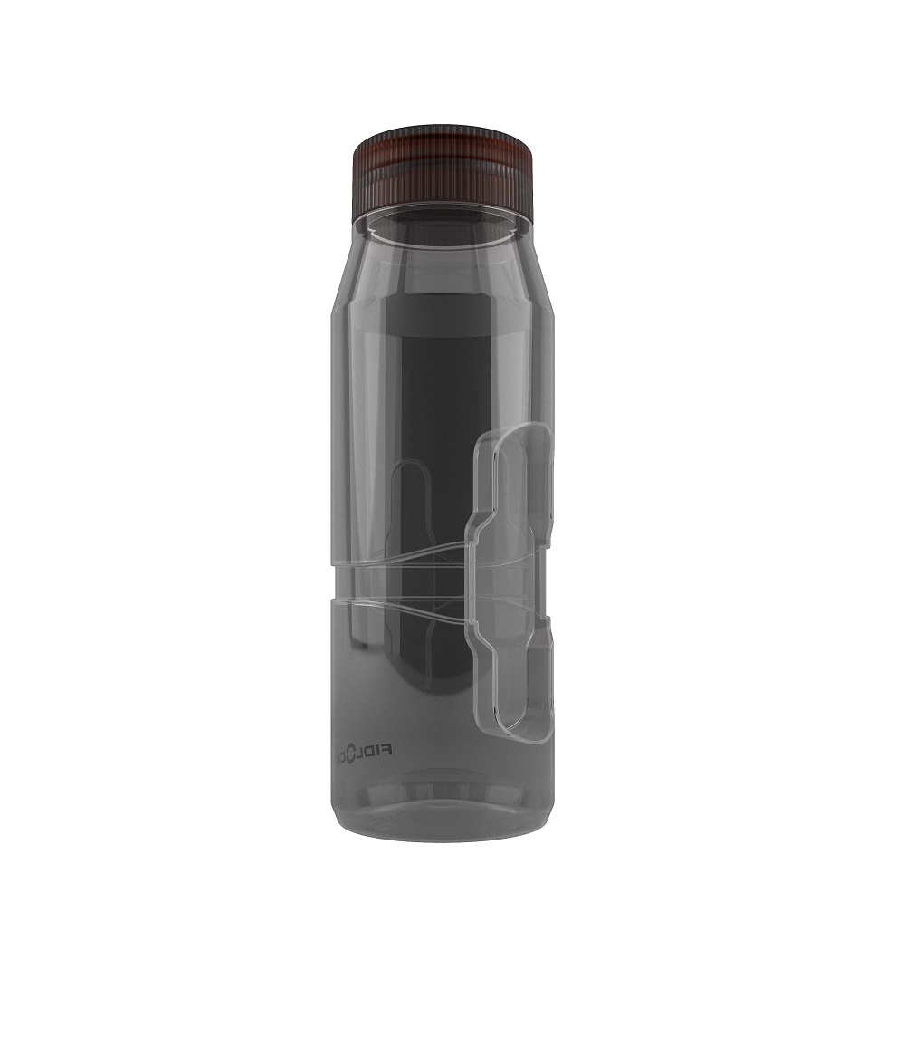 TWIST REPLACE BOTTLE LIFEは、成形サイドグリップ付きの透明プラスチック製ボディ、ダークブラウンのスクリューキャップが特徴で、中には円筒形の物体が入っている。.