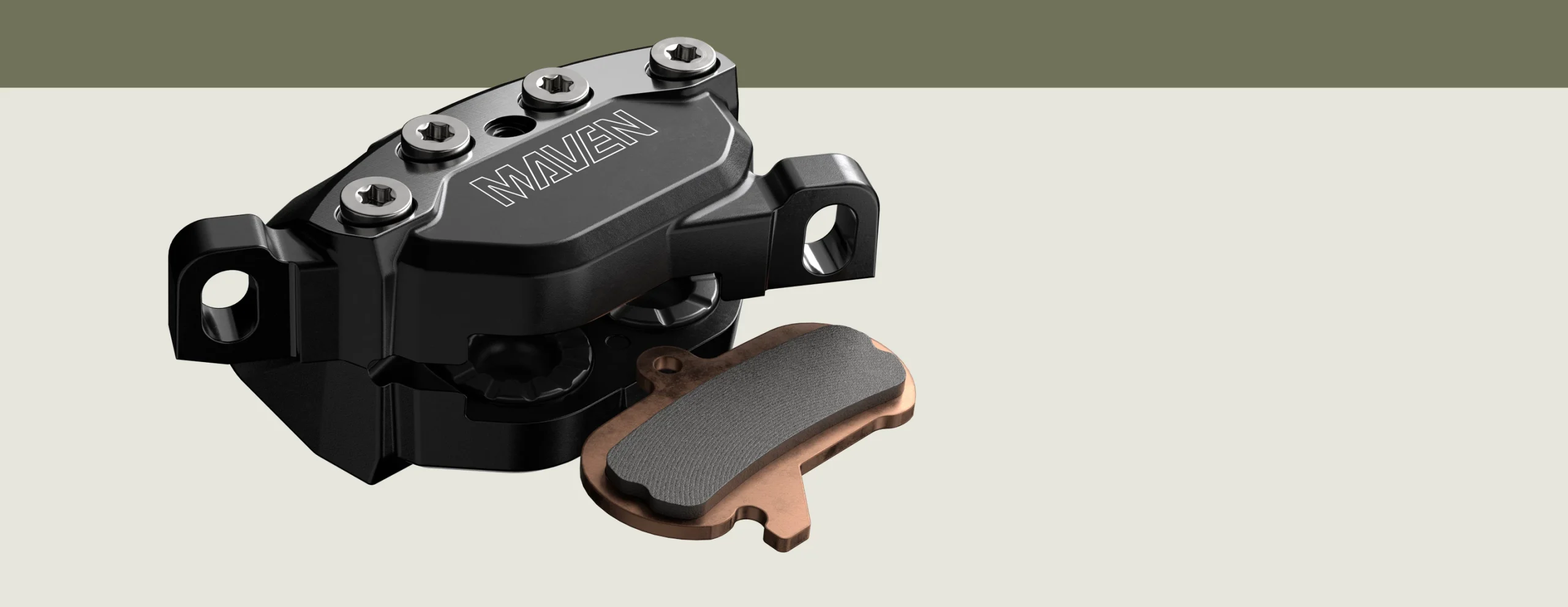 ブレーキパッドが外れたBlack Maven製のマウンテンバイク用ディスクブレーキキャリパー。.