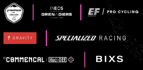 Decathlon, INEOS Grenadiers, EF Pro Cycling, Gravity, Specialized Racing, Commencal, Muc-Off, Bixsなどのサイクリング・チームやブランドのロゴを黒の背景に配置。.