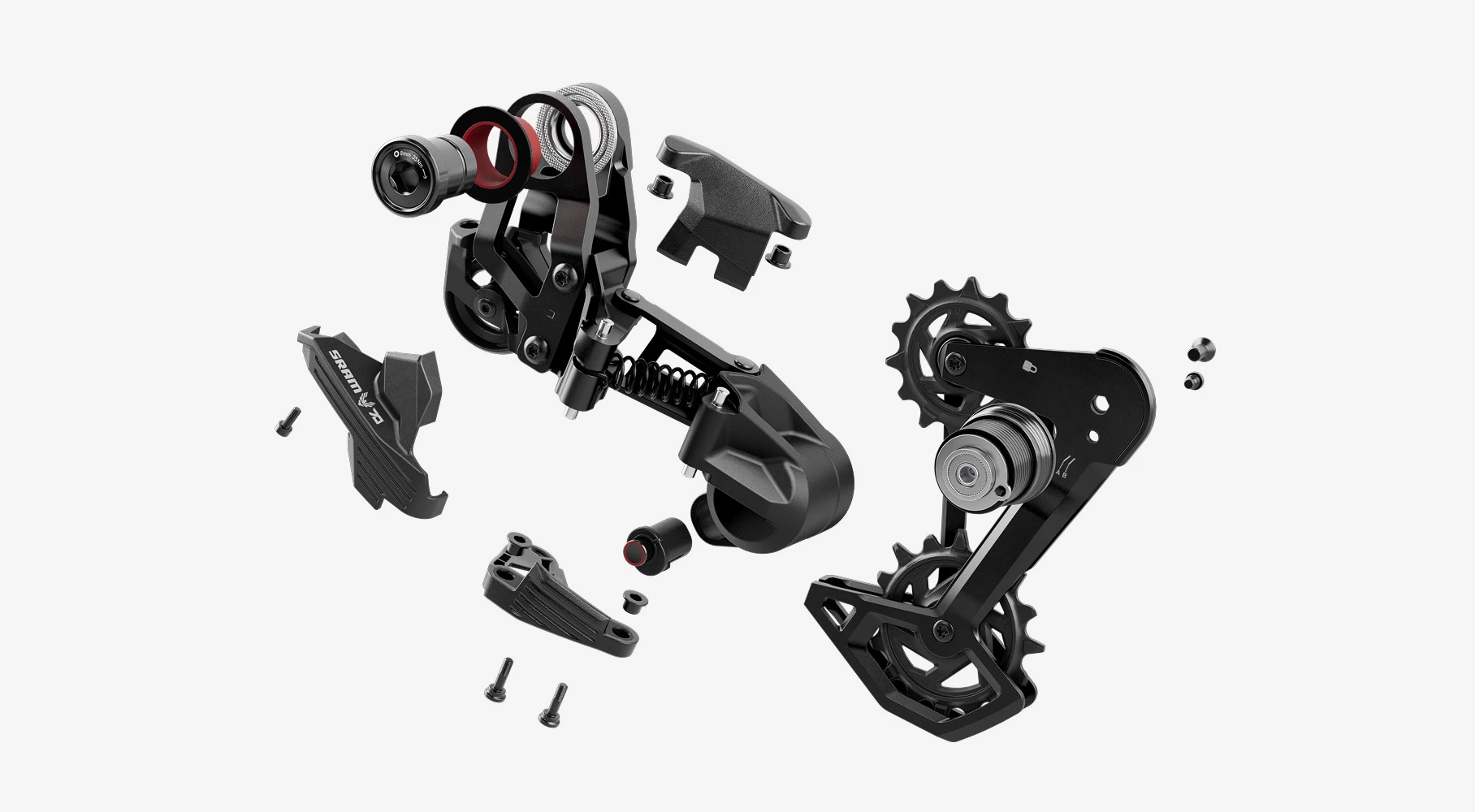 SRAM X0 自転車用リアディレイラーの分解図。分解された各部品が示されている。.