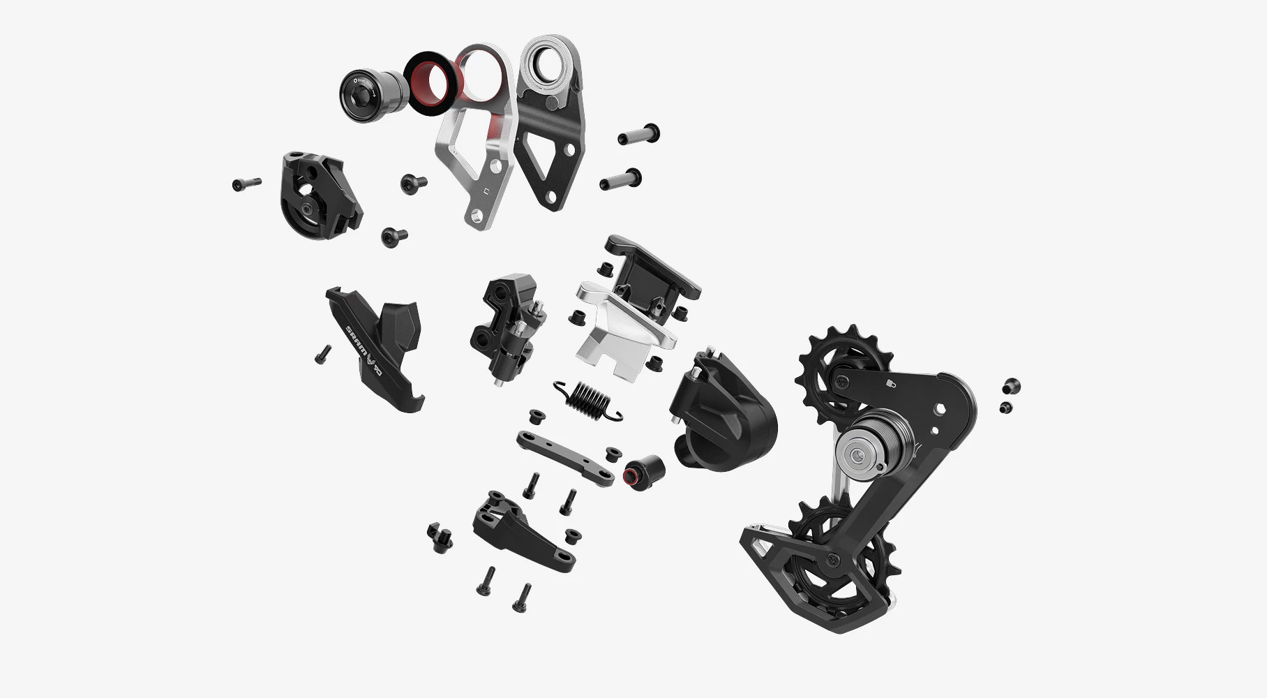 自転車のリアディレイラーの分解図。さまざまな機械部品、締結部品、およびケージアセンブリが示されている。.