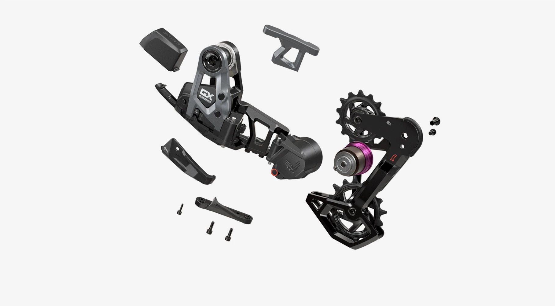 SRAM GX自転車用ディレイラーとその構成部品の分解図。.