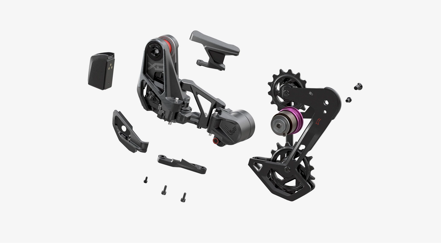 自転車のリアディレイラーの分解図。バッテリー、本体、ケージアセンブリなど、さまざまなモジュール式構成部品が示されている。.