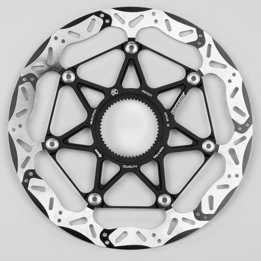 Brakingブランドの自転車用ディスクブレーキローター。外輪はシルバーのスチール製、中央のスパイダーはブラックのアルミニウム製です。.