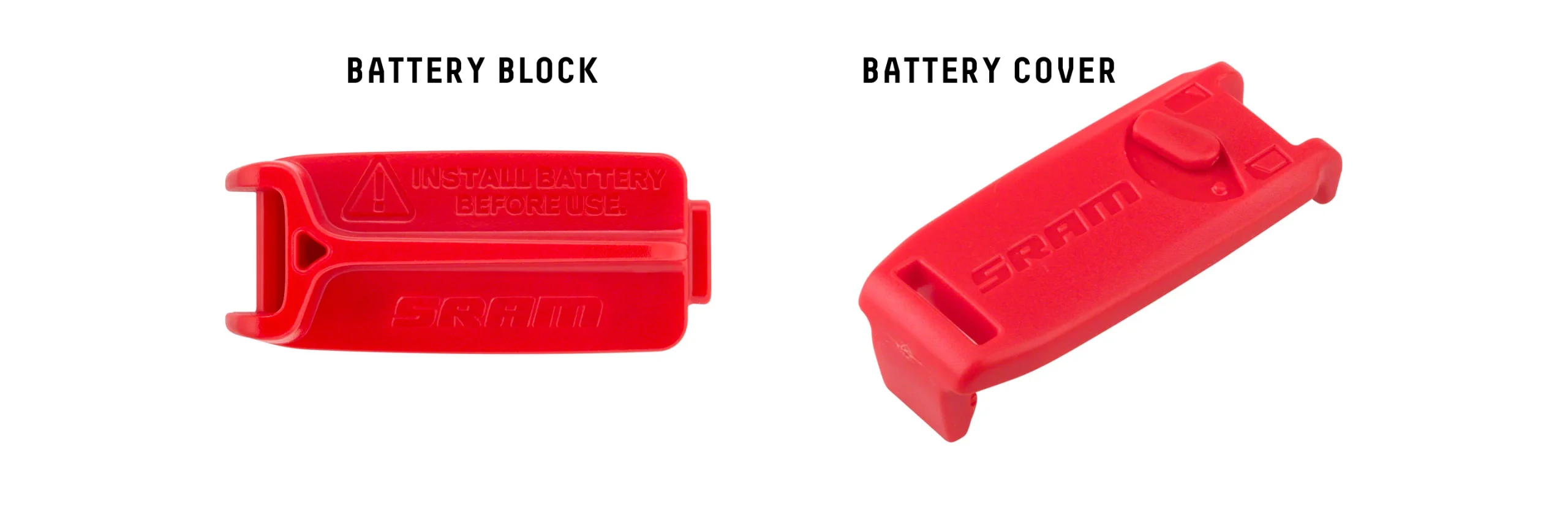 INSTALL BATTERY BEFORE USE（使用前にバッテリーを取り付けてください）と書かれた赤いSRAMバッテリーブロックと、その隣にある赤いSRAMバッテリーカバー。.