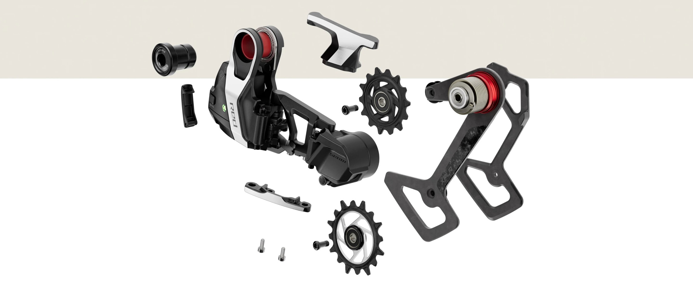 SRAM Red XPLR 自転車用リアディレイラーの分解図。各部品が分離されている。.