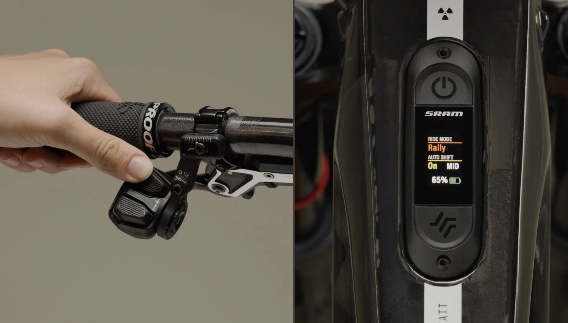 SRAMのライドモード設定が表示されたデジタルディスプレイの横で、自転車のハンドルバーに装着されたリモコンを操作する手のスプリットビュー。.