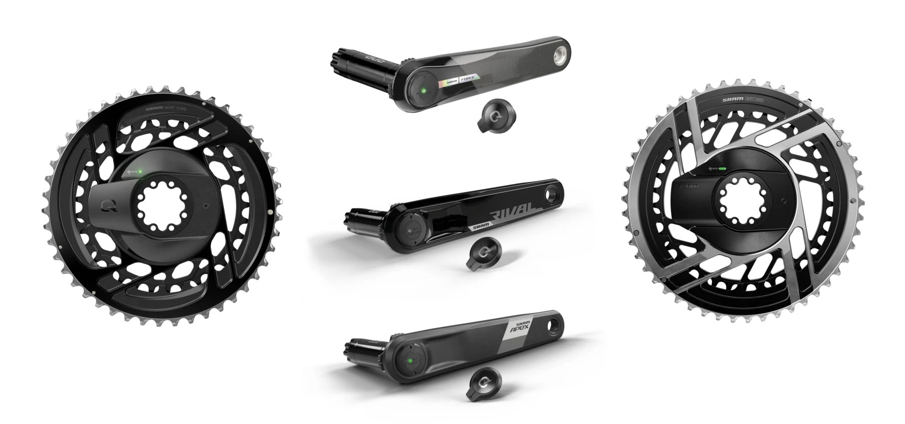 SRAM Force、Rival、Apexと表示された自転車用チェーンリング2枚とクランクアーム3本。.