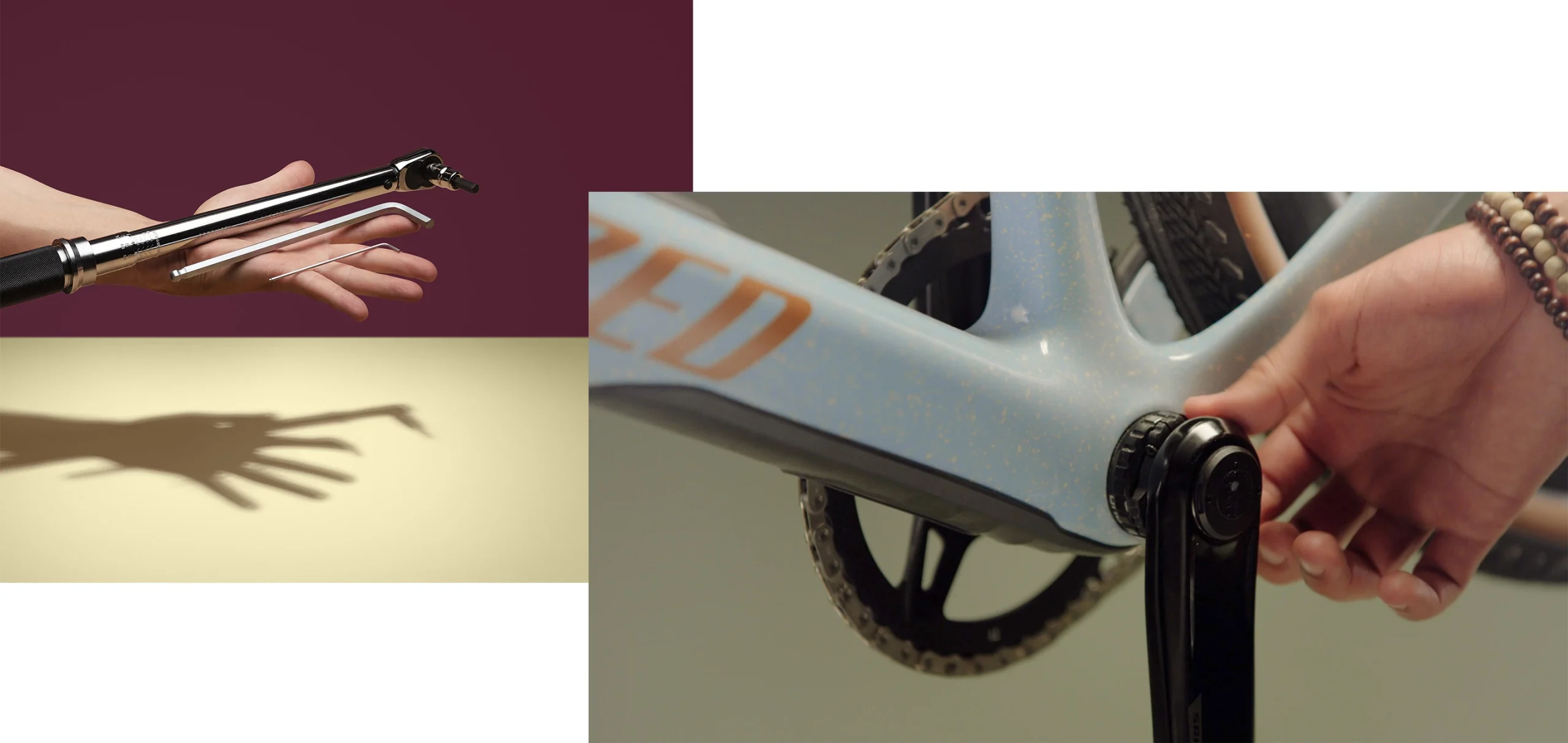 トルクレンチと六角レンチを持った手と、自転車のクランクセットをフレームに取り付けている手。.