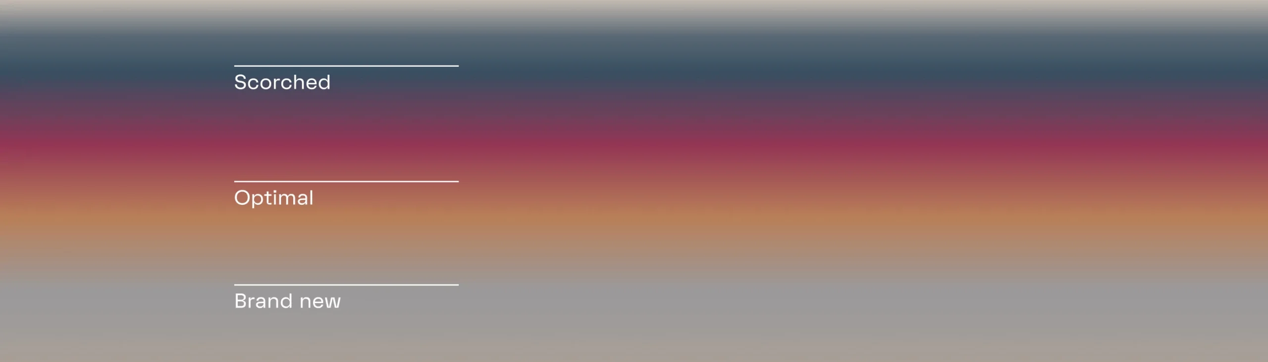 3本の水平線が入ったグラデーションの背景に、Scorched、Optimal、Brand newというラベルが記載されている。.