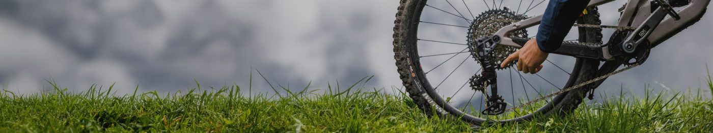 草むらに停められたマウンテンバイクのリアディレイラーを調整している人の手。.